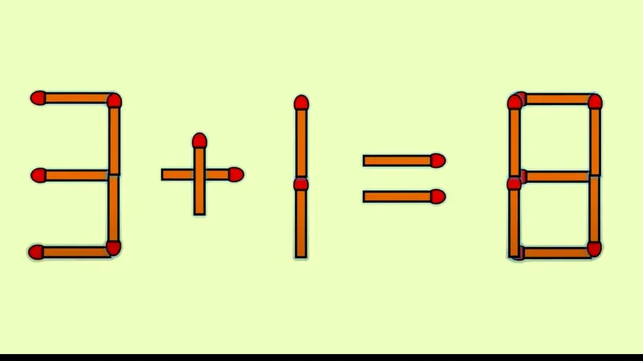 TEST IQ | Mutați un singur băț de chibrit, pentru a corecta ecuația: 3 + 1 = 8