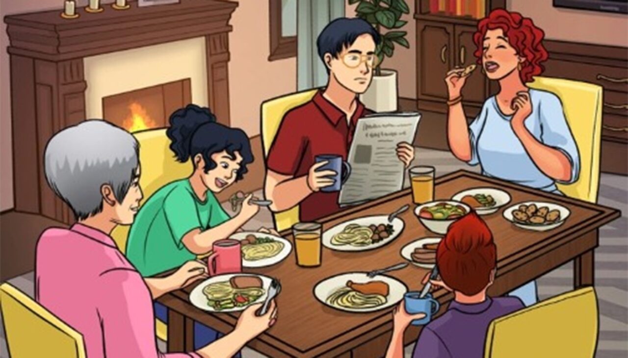 TEST IQ | Aparent, avem o imagine banală cu o familie cinând. În această poză s-a strecurat însă o mare greșeală. Găsiți-o!