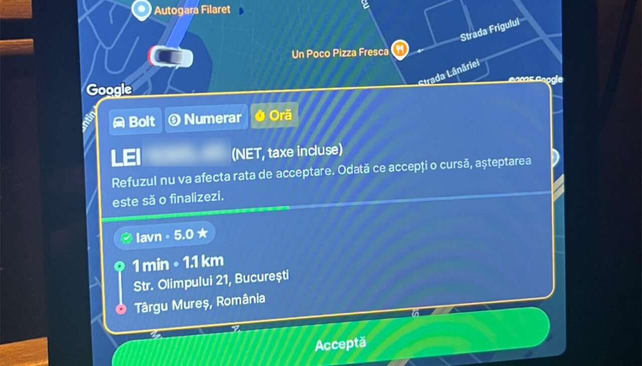 Cât a plătit un client pentru o cursă BOLT de 5 ore, din București până în Târgu Mureș