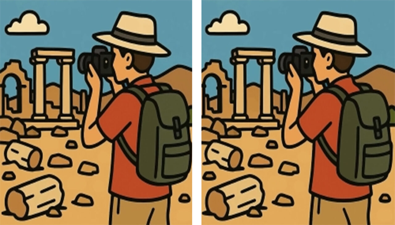 Test de perspicacitate | Acești doi turiști par identici, dar nu sunt. Găsiți cele 3 diferențe!