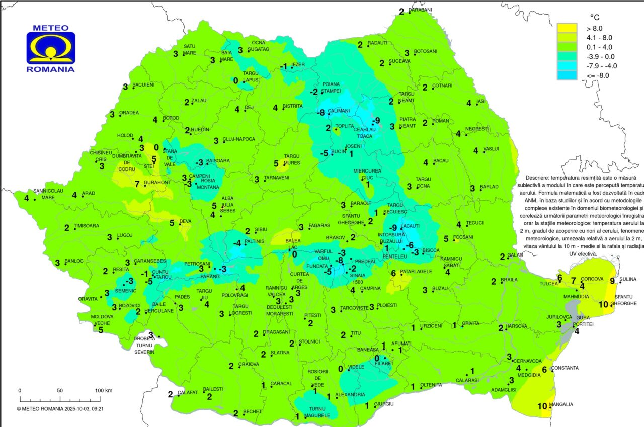 Cea mai friguroasă noapte din această toamnă. Temperaturi la limita înghețului. Zăpadă de jumătate de metru. Județe inundate. Harta frigului