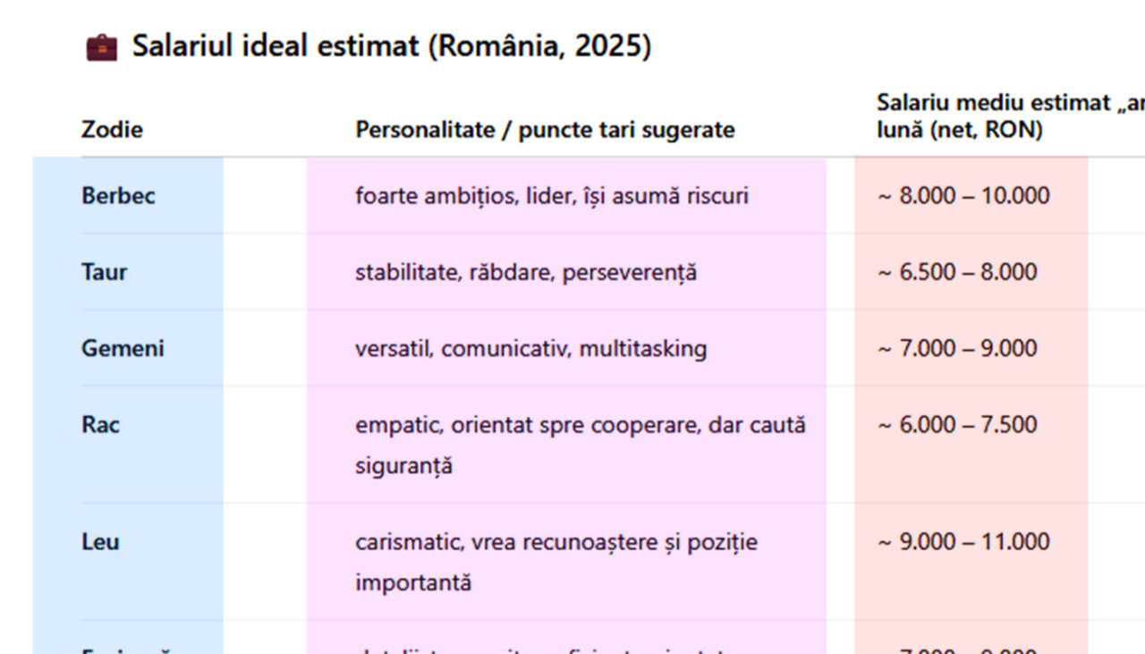 TABEL | Ce salariu ar trebui să primești în România, în 2025, în funcție de zodia ta
