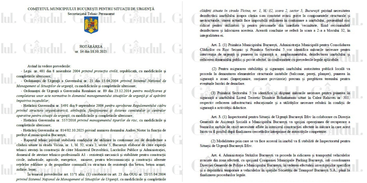 E oficial! Comitetul Municipiului București pentru Situaţii de Urgenţă cere demolarea „blocului groazei”. Ce prevede HOTARAREA publicată în exclusivitate de Gândul