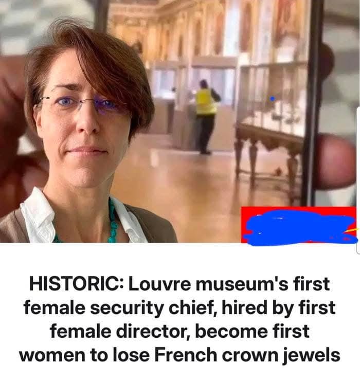 Prima femeie şef al securităţii Muzeului Louvre, angajată de prima femeie director, devine prima femeie care pierde bijuteriile coroanei franceze.