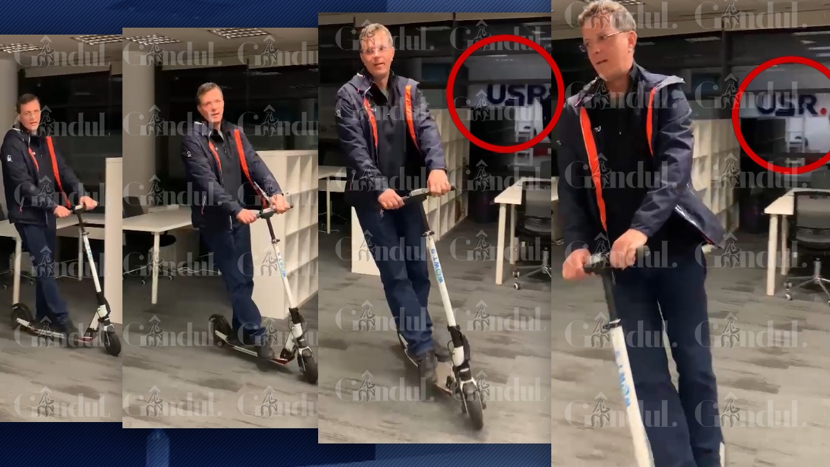 Imagini SENZAȚIONALE cu Ministrul Apărării. Ionuț Moșteanu se plimbă cu trotineta electrică prin sediul USR