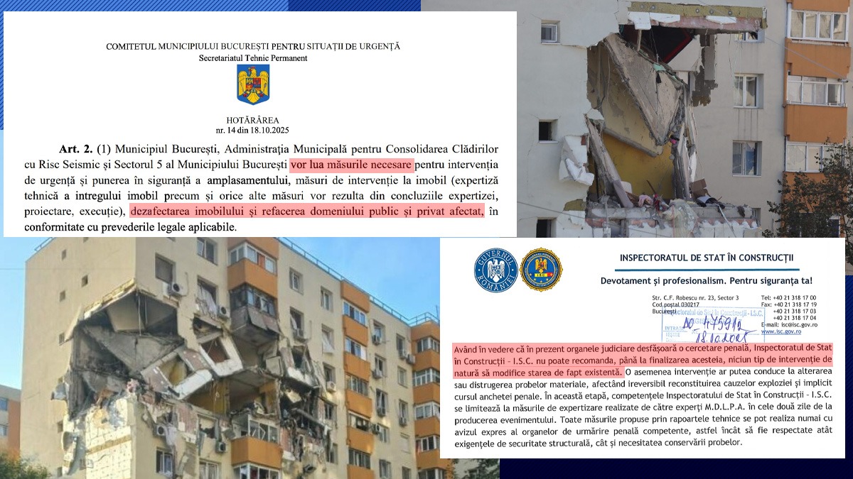 Haosul continuă în cazul “Blocului Groazei”. Inspectoratul pentru Situații de Urgență și Inspectoratul de Stat în Construcții se contrazic. Unii vor demolare, alții susțin că se alterează probe și nu pot recomanda “niciun tip de intervenție până la finalizarea anchetei”