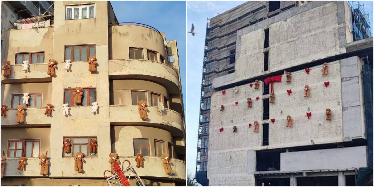 Crăciun horror în Constanța. Magia sărbătorilor, stricată de o clădire care stă să cadă, pe care au fost instalați ursuleți de pluș. Orașul e scandalizat