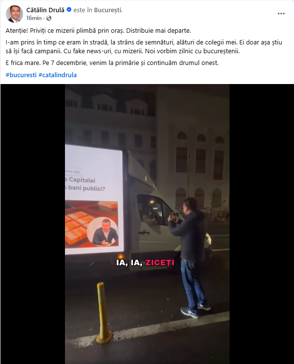 Cătălin Drulă, scandal în centrul Bucureștiului! Candidatul USR a oprit în trafic o mașină pe care era afișată averea sa de 3 milioane de dolari