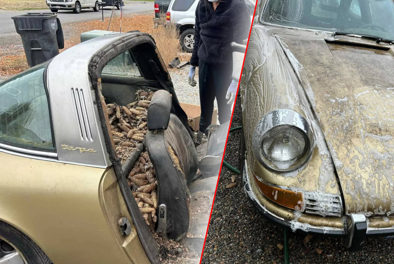 Descoperire rarisimă. Un Porsche 911 Targa din 1970, îngropat 31 de ani sub ace și conuri de pin, a fost găsit de un bărbat. Mașina va fi restaurată
