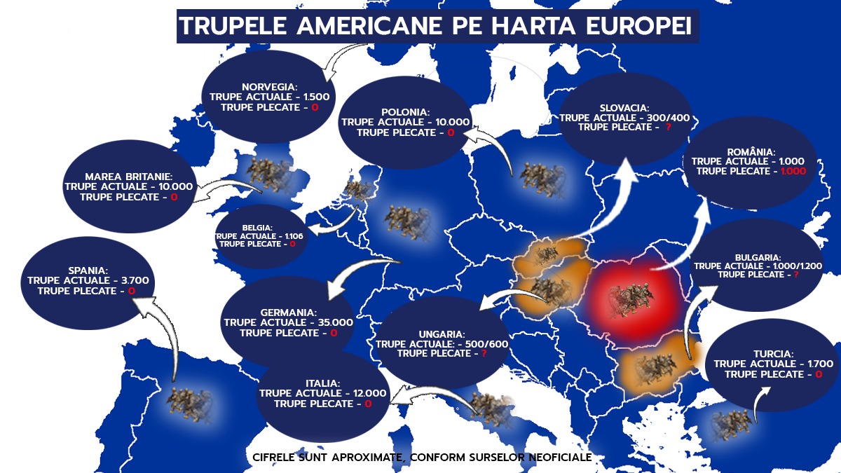 Întrebarea care agită toate apele: ce trupe retrag americanii din Europa? Cert este că România e „oaia neagră”. Gândul prezintă harta efectivelor americane de pe continent. Ce știm până acum