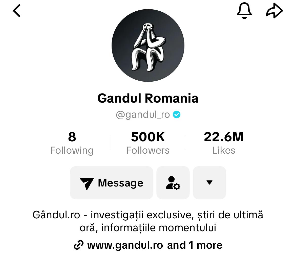 Gândul a ajuns la 500.000 de urmăritori pe TikTok. Este cel mai urmărit ziar din România pe platforma de socializare. Vă mulțumim!