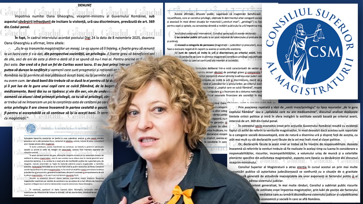 Gândul publică, în exclusivitate, plângerea penală a Justiției împotriva vicepremierului lui Bolojan. CSM a denunțat-o pe Oana Gheorghiu la Parchetul General pentru incitare la violență, ură și discriminare împotriva magistraților