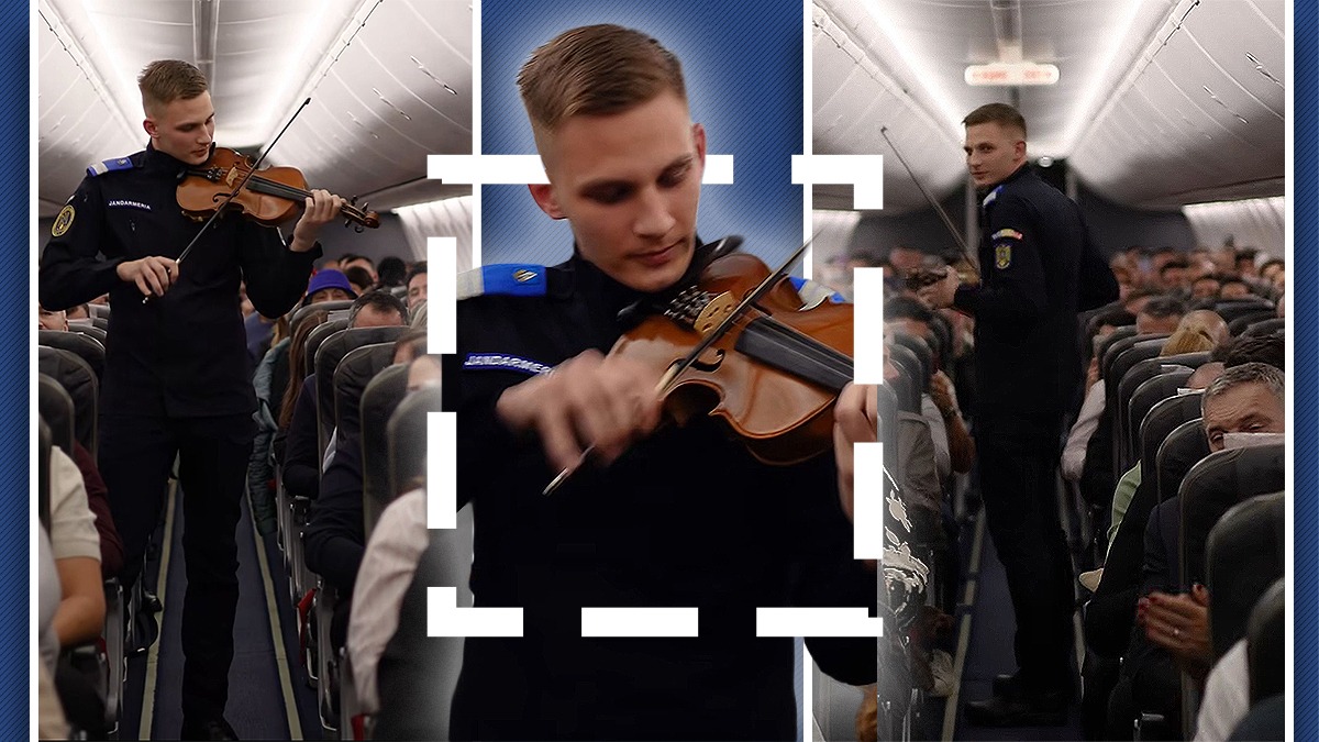 Moment emoționant la 10.000 de metri altitudine, într-un avion Tarom. Imnul României a fost interpretat la vioară de un jandarm