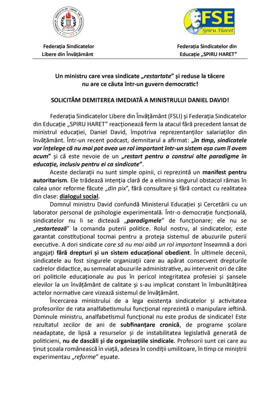"Solicităm demisia imediată a ministrului Daniel David" Sindicatele îl acuză că vrea să le reducă la tăcere
