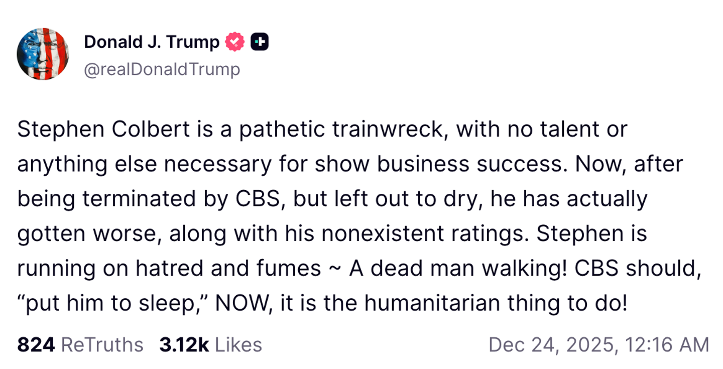 Donald Trump s-a înfuriat pe comediantul Stephen Colbert şi cere să fie scos de pe post: „Trimiteţi-l la culcare!”