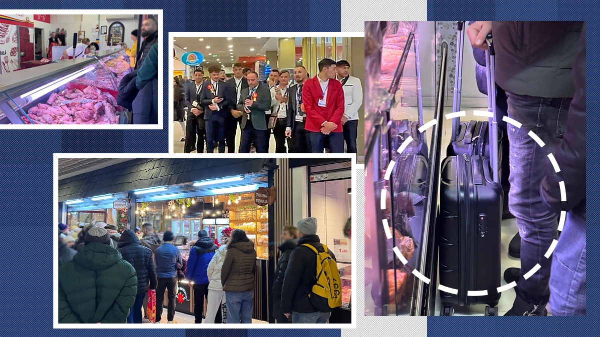 Imagini din Piața Obor, kilometrul zero al comerțului agroalimentar românesc. Oamenii stau cu zecile de minute la cozi, cu geamantane pe care să le umple cu carne și brânzeturi. Totul pe acordurile colindătorilor