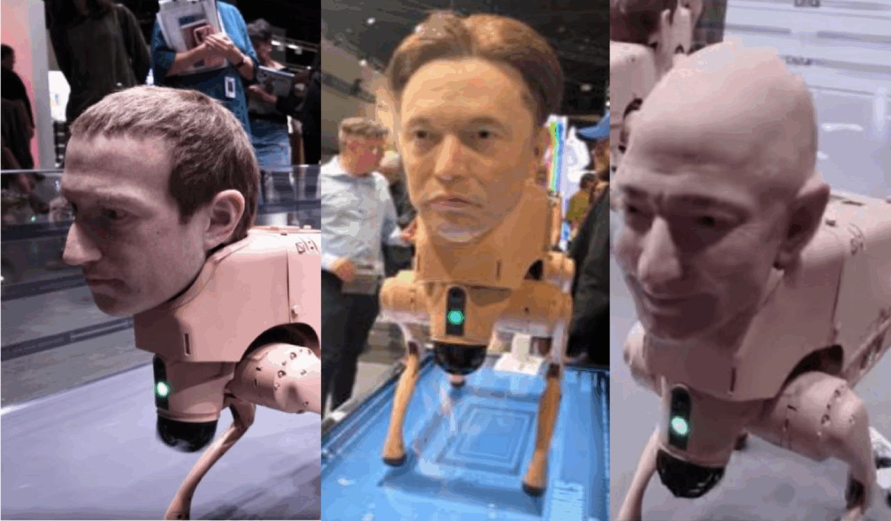 Cea mai bizară expoziție a anului 2025 de la Art Basel Miami: Robo-câini cu chipurile miliardarilor americani Elon Musk, Mark Zuckerberg și Jeff Bezos