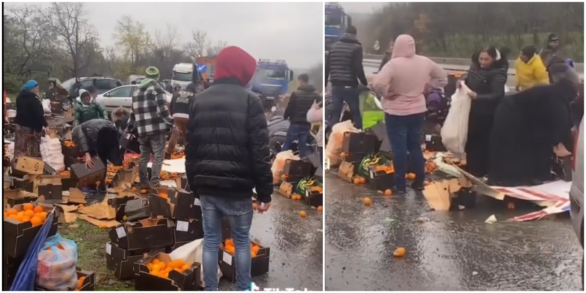 Zeci de oameni s-au înghesuit să strângă portocalele împrăștiate pe carosabil, după răstunarea unui TIR în Mehedinți