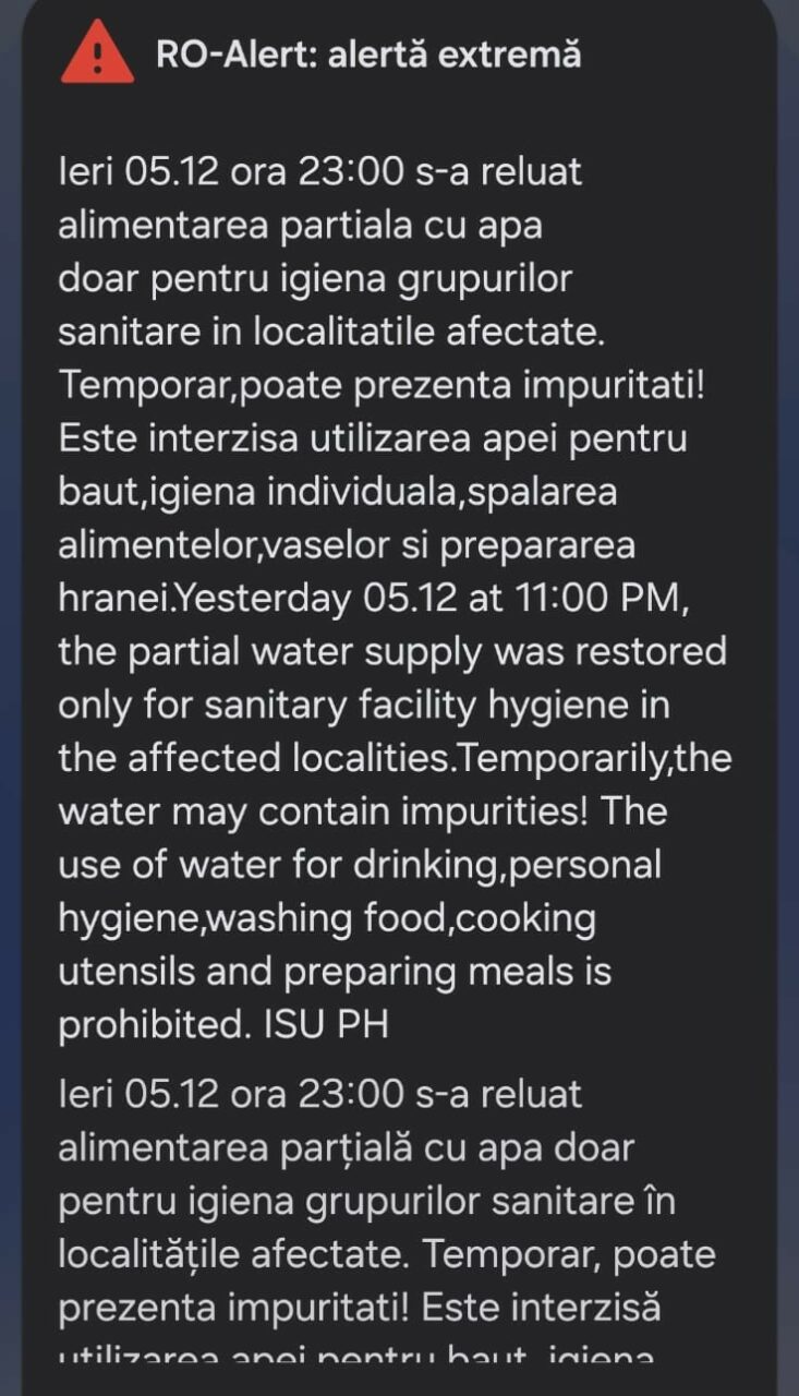 Nou mesaj Ro Alert pentru locuitorii din Prahova. Apa livrată consumatorilor poate fi folosită doar pentru igienizarea grupurilor sanitare