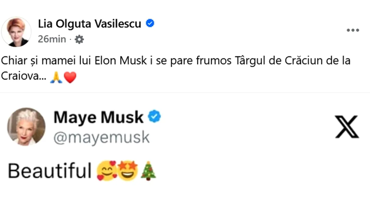 Mama lui Elon Musk a reacționat la o postare cu Târgul de Crăciun din Craiova: „Frumos”