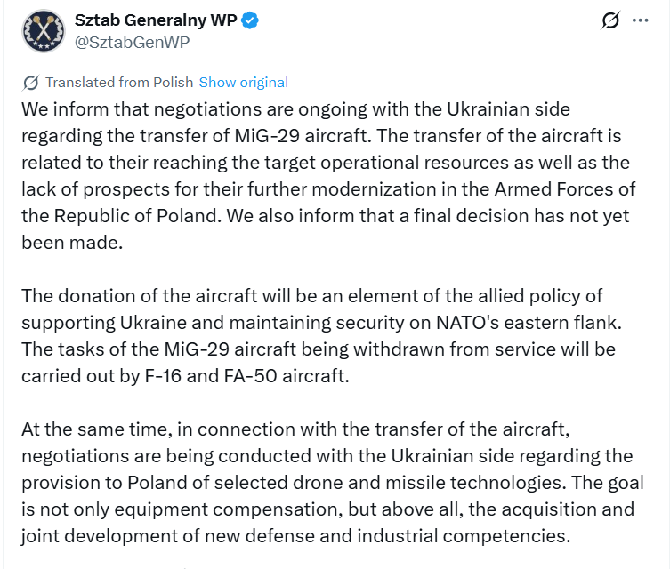Polonia vrea să facă curățenie în hangar. Varșovia să transfere avioanele MiG-29 Ucrainei în schimbul tehnologiei pentru drone și rachete
