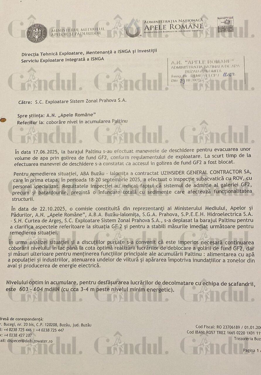 Toți știau. Din octombrie. Gândul publică documentele care aruncă în aer minciunile Dianei Buzoianu în Criza Apei de la Barajul Paltinu. Pe 22 octombrie, Ministerul Mediului, Apele Române, Hidroelectrica s-au întâlnit la Paltinu să discute urgența