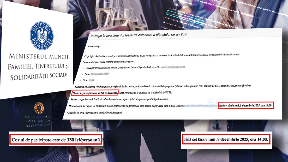 Petrecere de final de an la Ministerul Muncii cu taxă de participare. Angajații au fost anunțați că vor fi sărbătoriți, dar pe banii lor. Gândul dezvăluie cât trebuie să plătească fiecare bugetar: “suma se achită la casierie”