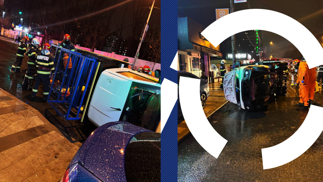 O utilitară cu butelii s-a răsturnat, pe Șoseaua Fundeni. În cădere, a acroșat și o motocicletă pe care se aflau două persoane