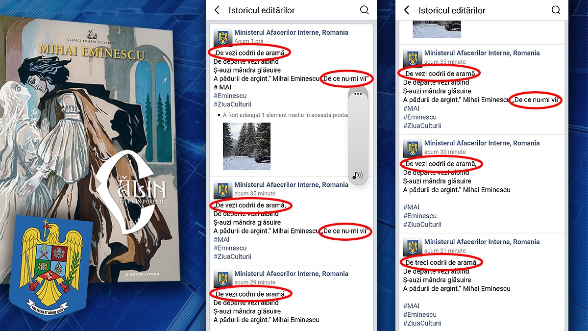 Poliţia postează dar nu garantează că citează corect. De ziua lui Eminescu, oamenii legii au greşit titlul poeziei postate