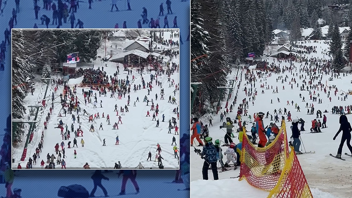 Imagini incredibile din Poiana Brașov. Aglomerație ca în trafic pe pârtii. Abia dacă se mai poate coborî pe schiuri. Pârtia Bradu, de începători, e aproape blocată 