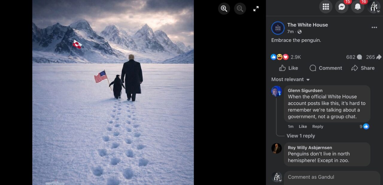 Glume și reacții negative după ce Casa Albă a postat o poză, generată cu AI, cu Trump și un pinguin, cu steagul SUA în mână, mergând prin Groenlanda