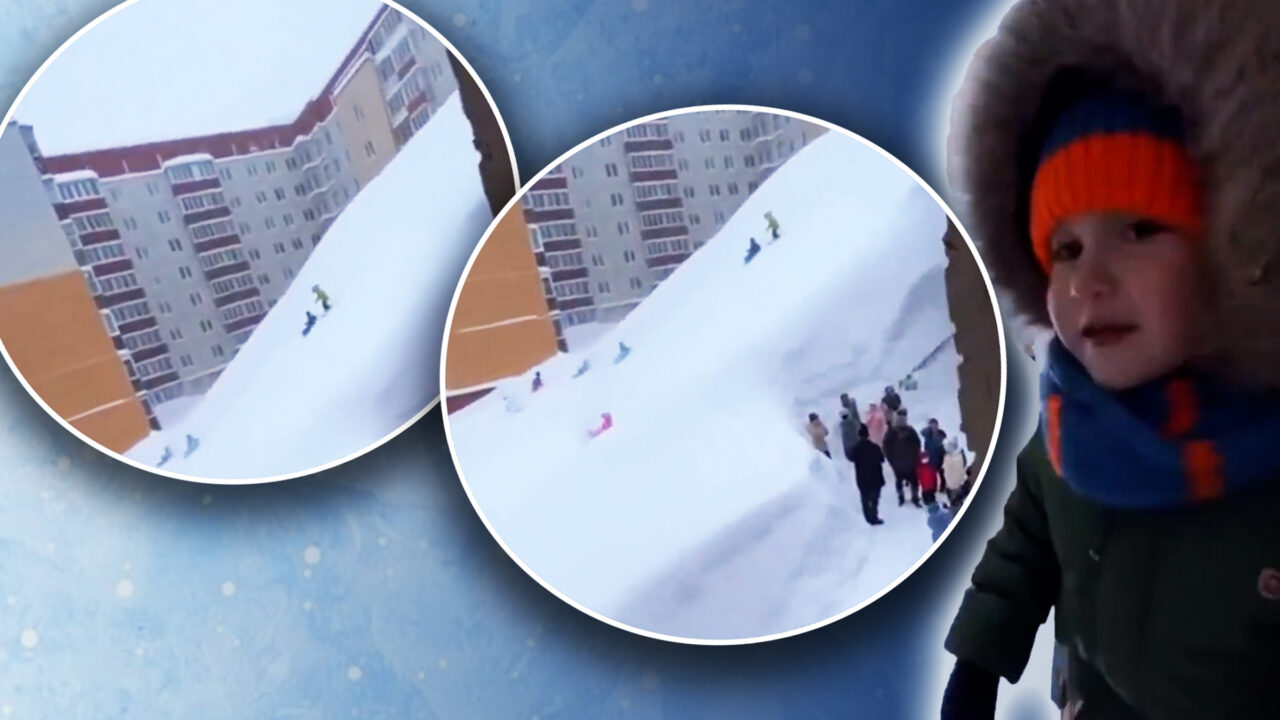 Video. Iarna pe uliță. Pe vremuri de calamitate și război, copiii ruși și-au făcut derdeluș pe muntele de zăpadă dintre blocuri