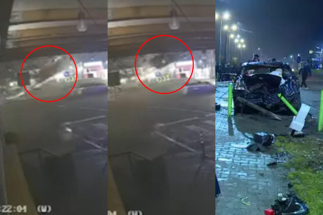 „Cascadorie” în Ilfov. O mașină a zburat „ghiulea” peste sensul giratoriu și a „aterizat” pe acoperișul unei clădiri