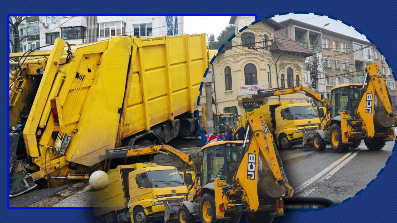 O mașină de gunoi a fost ”înghițită” de o groapă apărută în centrul orașului Galați. Cum justifică primarul incidentul: ”E ceva obișnuit în toate orașele”