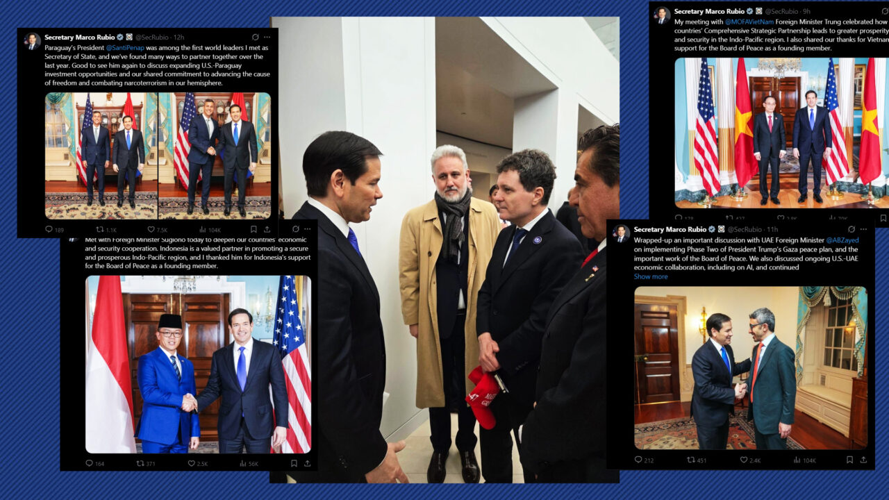 România e blocată în „politica holului”. După Hurezeanu și Țoiu, a venit rândul lui Nicușor Dan să bifeze „bilaterale” pe hol. Dacă pe ceilalți lideri i-a invitat în biroul său și a publicat fotografii cu ei pe X, Marco Rubio l-a ținut pe hol pe președintele României