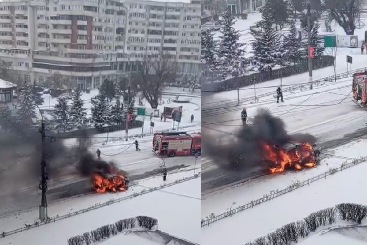 Mașină în flăcări la Giurgiu. Autoturismul a ars în întregime și s-a auzit o bubuitură puternică