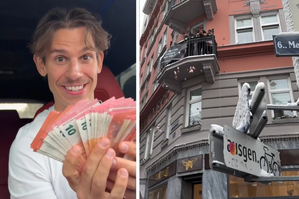 Scene incredibile în centrul Vienei. Momentul în care un celebru influencer a aruncat 10.000 euro de la balcon peste o mulțime de oameni