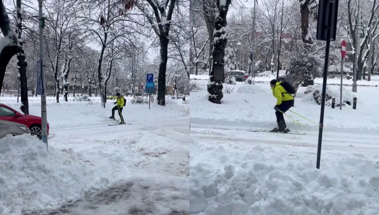 „Olimpiada bucureșteană”. Un bărbat a fost surprins pe schiuri, pe străzile din București, în ziua în care traficul a paralizat în urma ninsorii