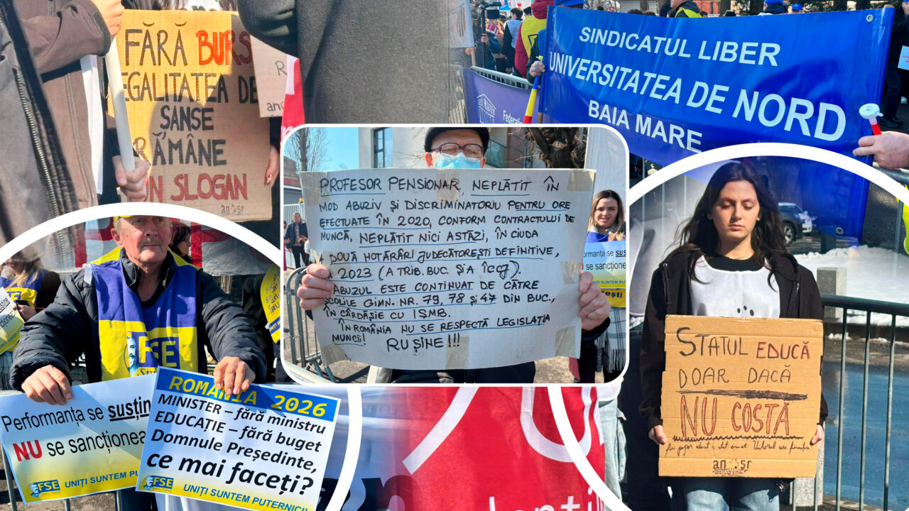Profesorii și studenții îi cer demisia lui Nicușor Dan, la Cotroceni, în sunet de vuvuzele și tobe. “A uitat de noi și de promisiunile făcute”
