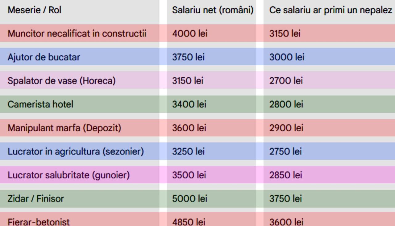 Ce salariu ar primi un nepalez pentru meseria ta. Tabel complet salarii în România, în 2026