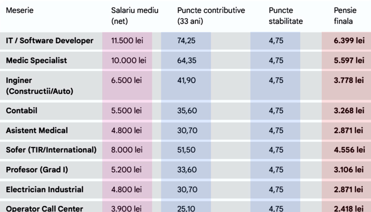 Am făcut calculul. Ce pensie vei primi în funcție de meseria ta, daca ai muncit 33 de ani cu carte de muncă
