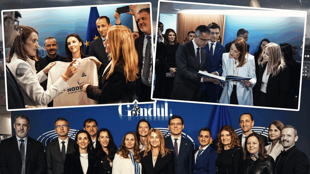 Nadia Comăneci, primită de Roberta Metsola la Parlamentul European, la 50 de ani de la primul 10 din istoria gimnasticii