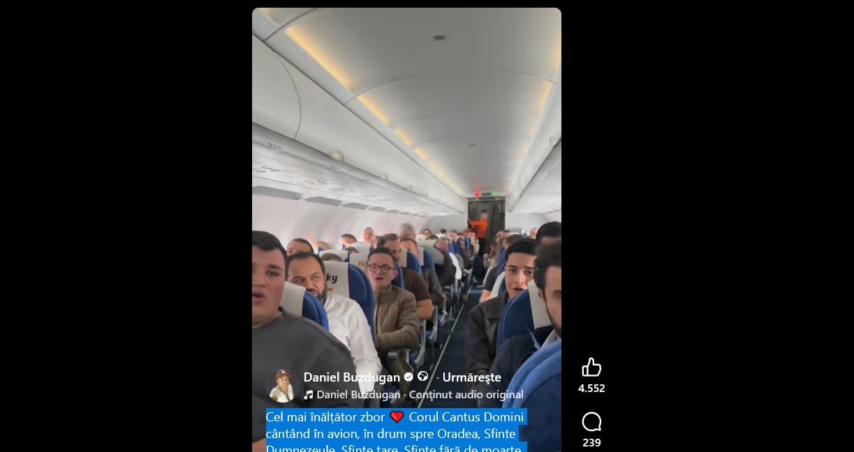 „Cel mai înălțător zbor”. Moment inedit într-un avion în zbor către Oradea, surprins de Daniel Buzdugan. Corala Cantus Domini, rugăciune la 8.000 de m