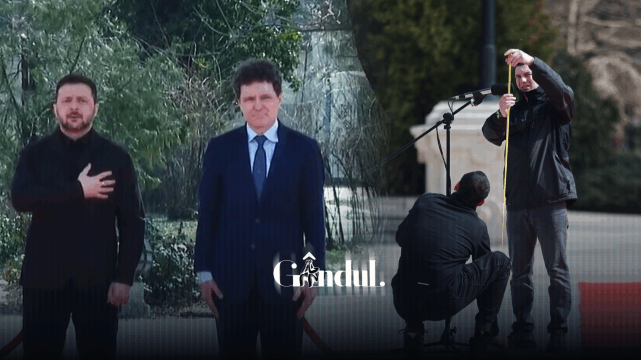 Rigoare de protocol. Angajații Cotroceniului, surprinși înainte de vizita lui Zelenski când măsoară înălțimea microfonului, amplasat în curtea Palatului. Ce înălțime au cei doi președinți