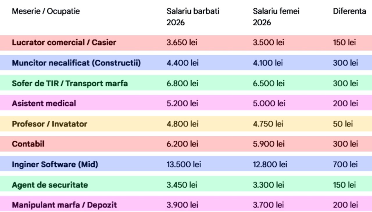 Ce salarii au bărbații VS ce salarii au femeile pentru aceleași meserii, în 2026, în România. Care este diferența