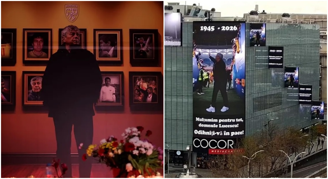 Mircea Lucescu, omagiat de FRF în centrul Capitalei. Imagini proiectate pe ecranele magazinului Cocor