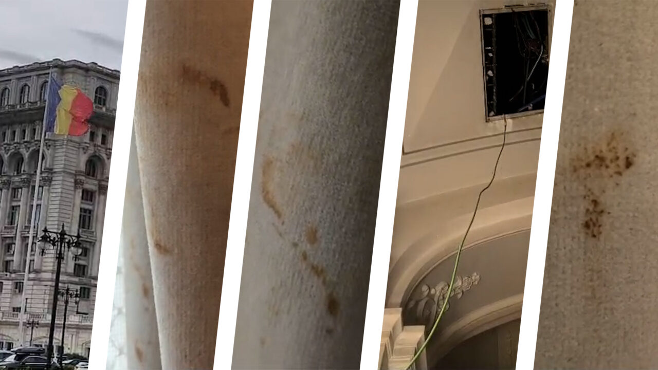 După ziduri sparte şi perdele murdare, Palatul Parlamentului mai surprinde o dată: Draperiile de la grupul liberalilor din Parlament sunt mânjite de sus până jos. Gândul publică imaginile