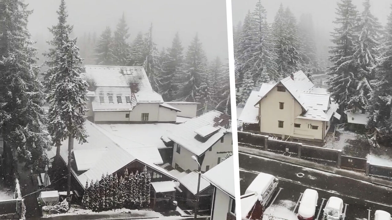 Dimineață cu zăpadă pe 30 de aprilie, într-un oraș din România. Imagini cu peisajul de iarnă de la mijlocul primăverii