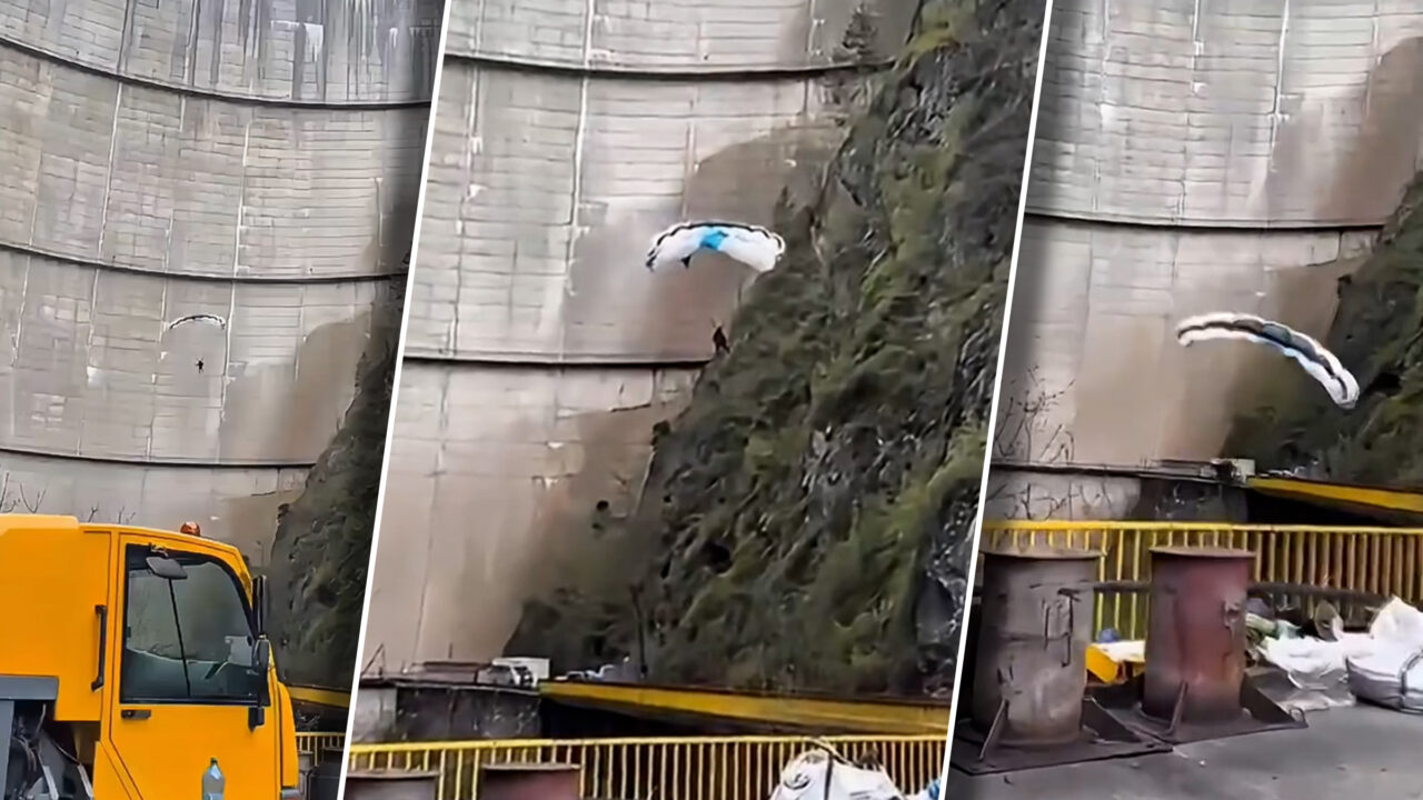 Aterizare neașteptată la Barajul Vidraru: un parapantist a surprins muncitorii din zonă