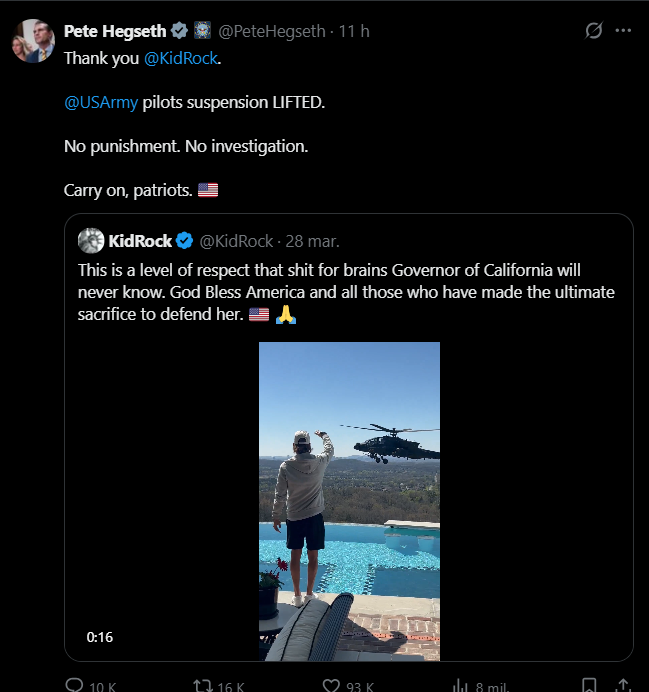 Secretarul Apărării, Pete Hegseth, oprește ancheta în cazul piloților care au survolat casa lui Kid Rock. Vedeta, susținător înflăcărat al lui Trump